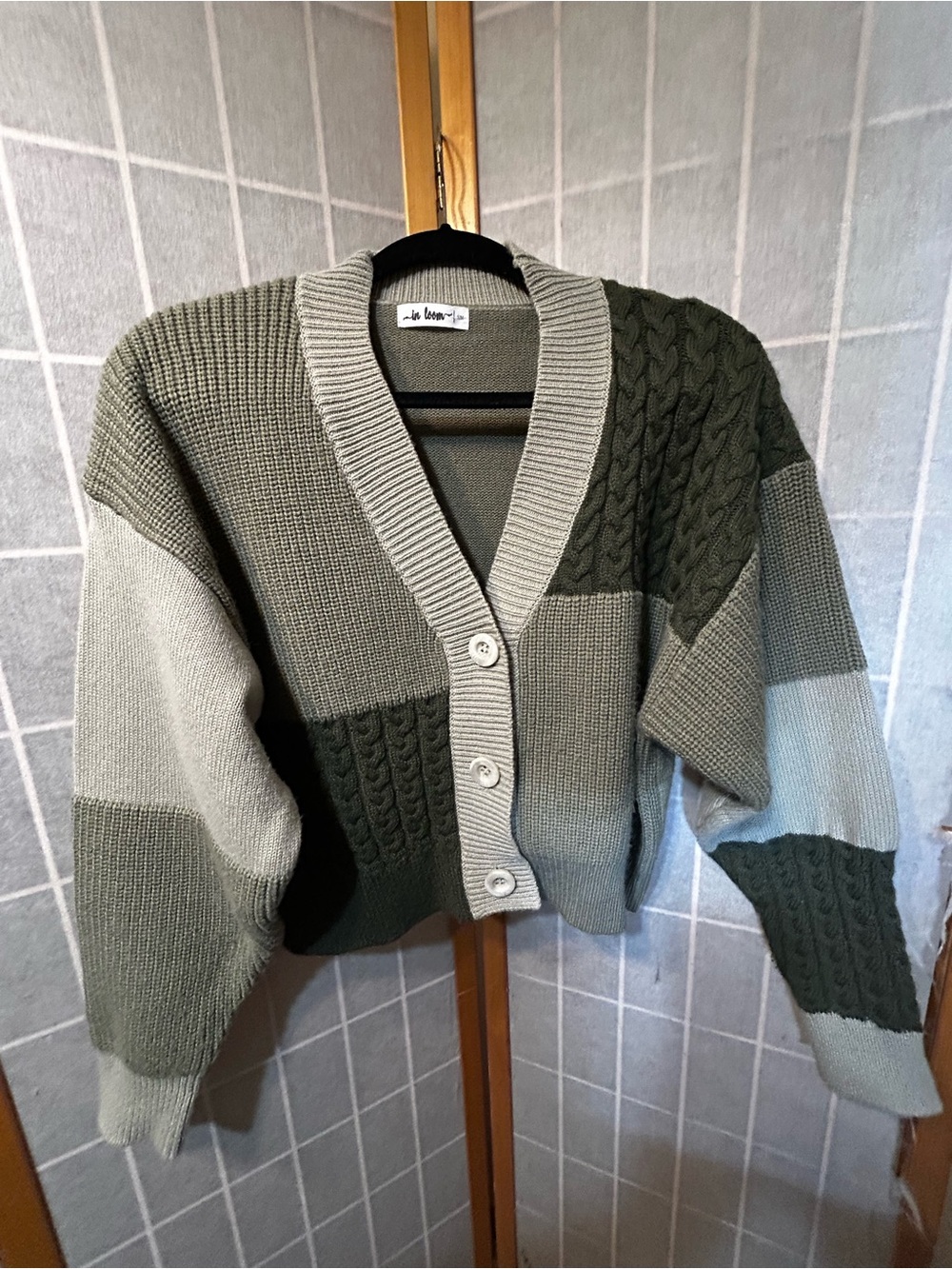 In Loom brand Chunky Two-Tone Olive & Sage Cardigan Sweater